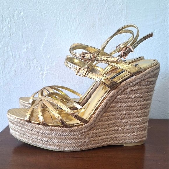Zara Platform Gold Women's Sandals 5" Size 9 - Picture 1 of 6